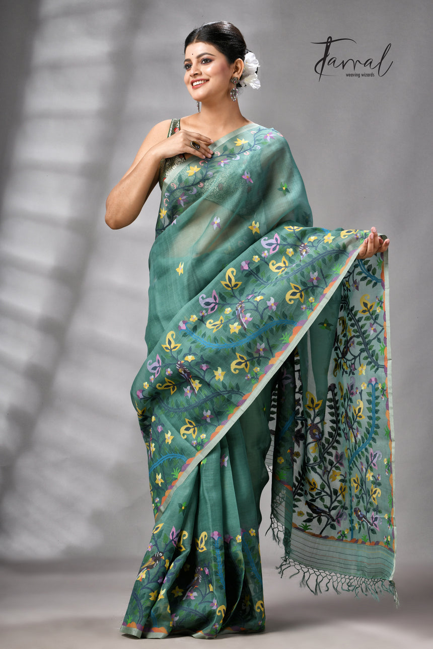 Pine Green Allover Floral With Birds Motifs Handwoven Muslin Silk Jamdani Saree