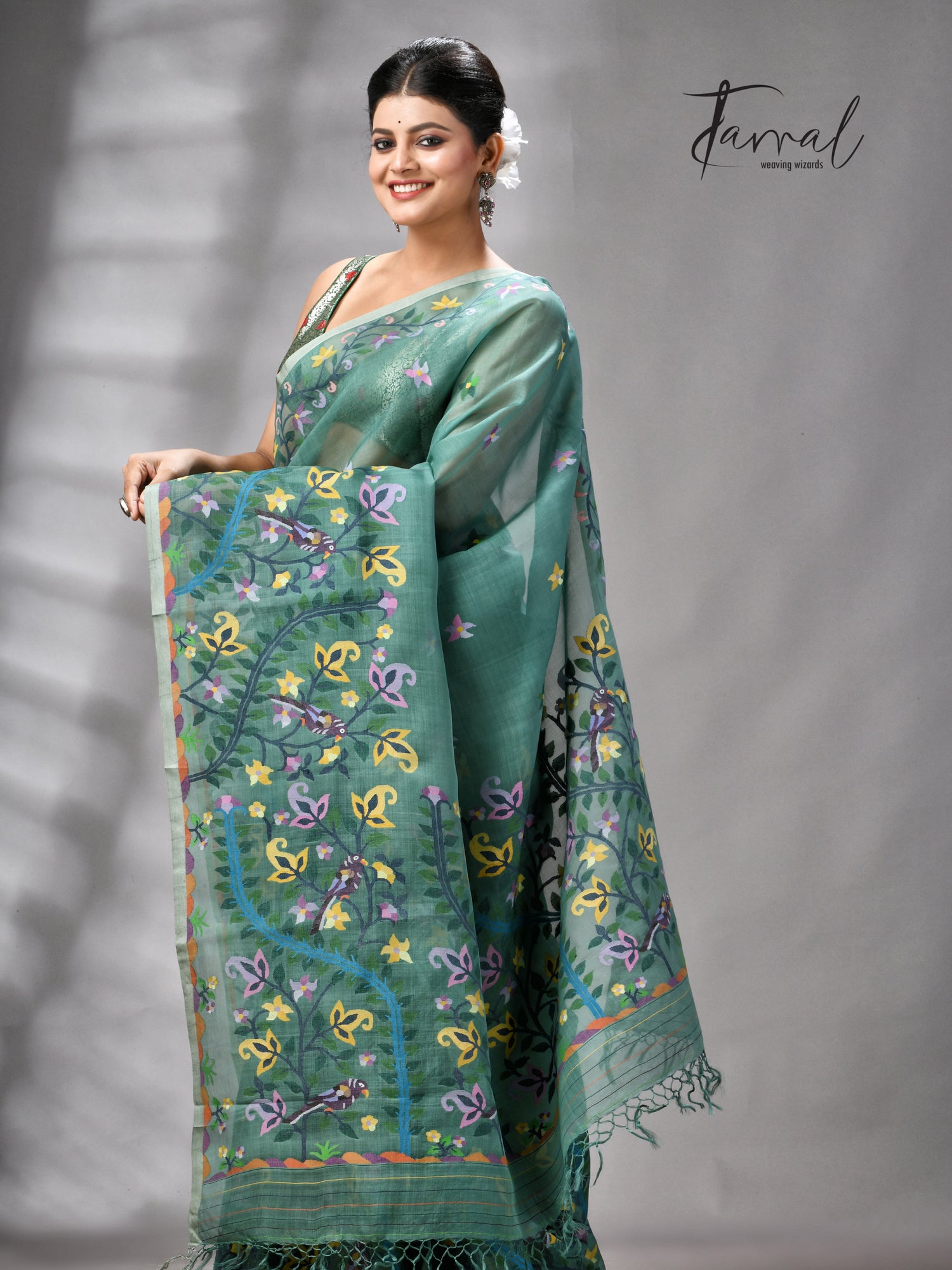 Pine Green Allover Floral With Birds Motifs Handwoven Muslin Silk Jamdani Saree