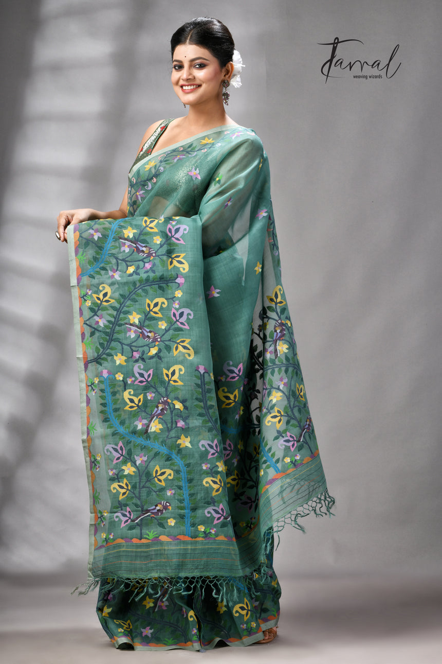 Pine Green Allover Floral With Birds Motifs Handwoven Muslin Silk Jamdani Saree