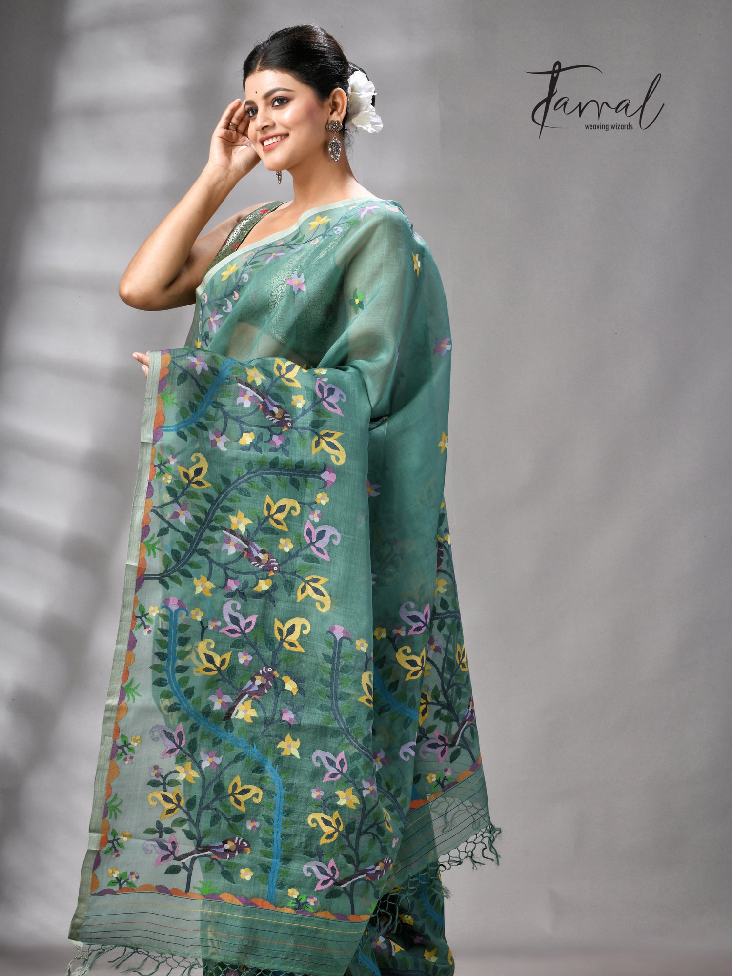 Pine Green Allover Floral With Birds Motifs Handwoven Muslin Silk Jamdani Saree