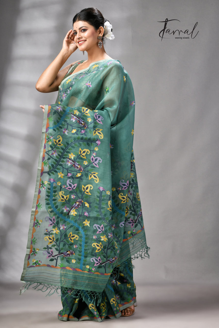 Pine Green Allover Floral With Birds Motifs Handwoven Muslin Silk Jamdani Saree