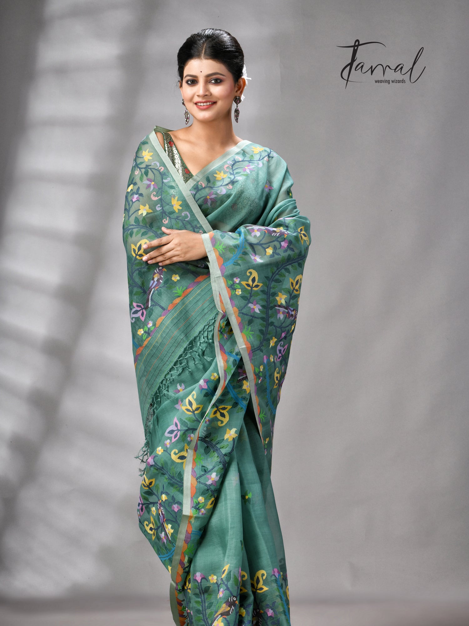Pine Green Allover Floral With Birds Motifs Handwoven Muslin Silk Jamdani Saree