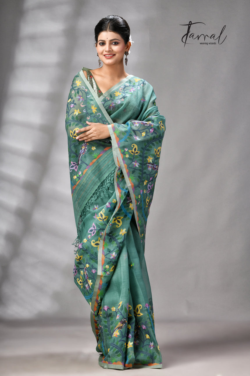 Pine Green Allover Floral With Birds Motifs Handwoven Muslin Silk Jamdani Saree