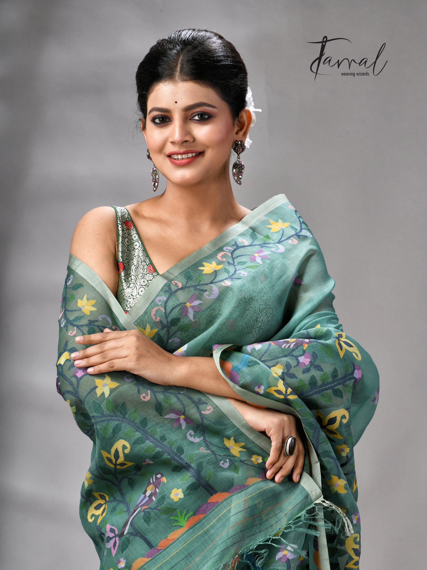 Pine Green Allover Floral With Birds Motifs Handwoven Muslin Silk Jamdani Saree