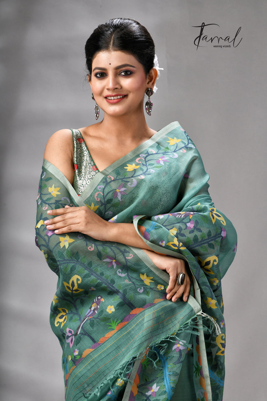 Pine Green Allover Floral With Birds Motifs Handwoven Muslin Silk Jamdani Saree