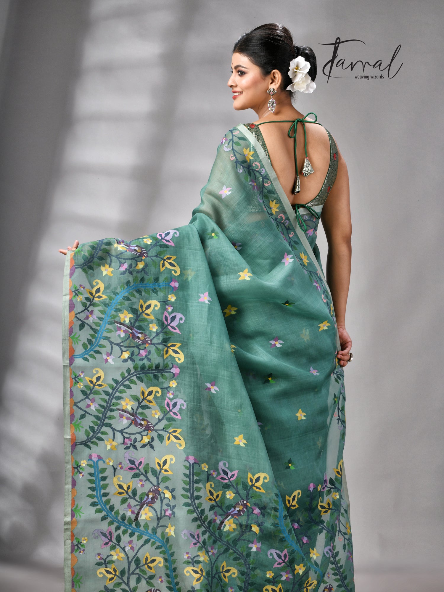 Pine Green Allover Floral With Birds Motifs Handwoven Muslin Silk Jamdani Saree