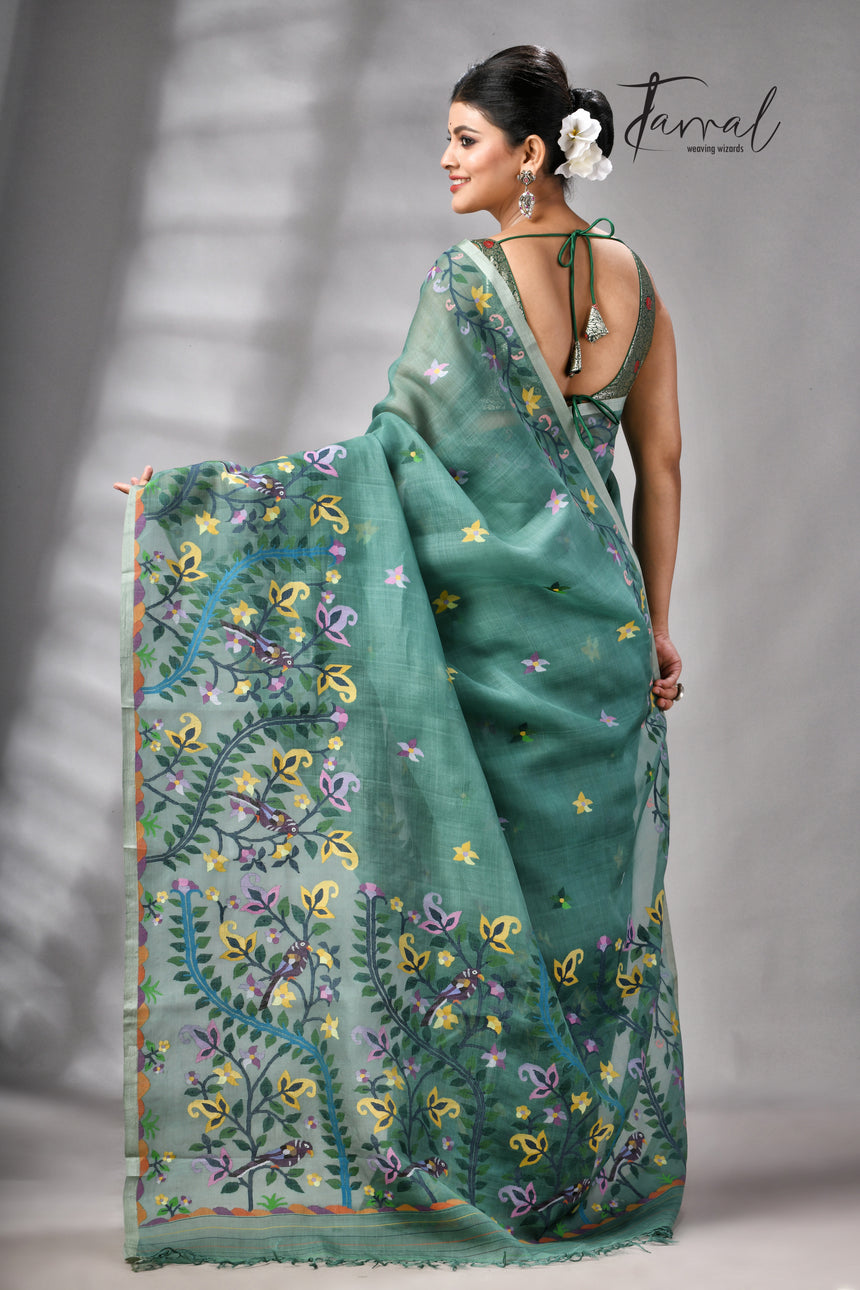Pine Green Allover Floral With Birds Motifs Handwoven Muslin Silk Jamdani Saree