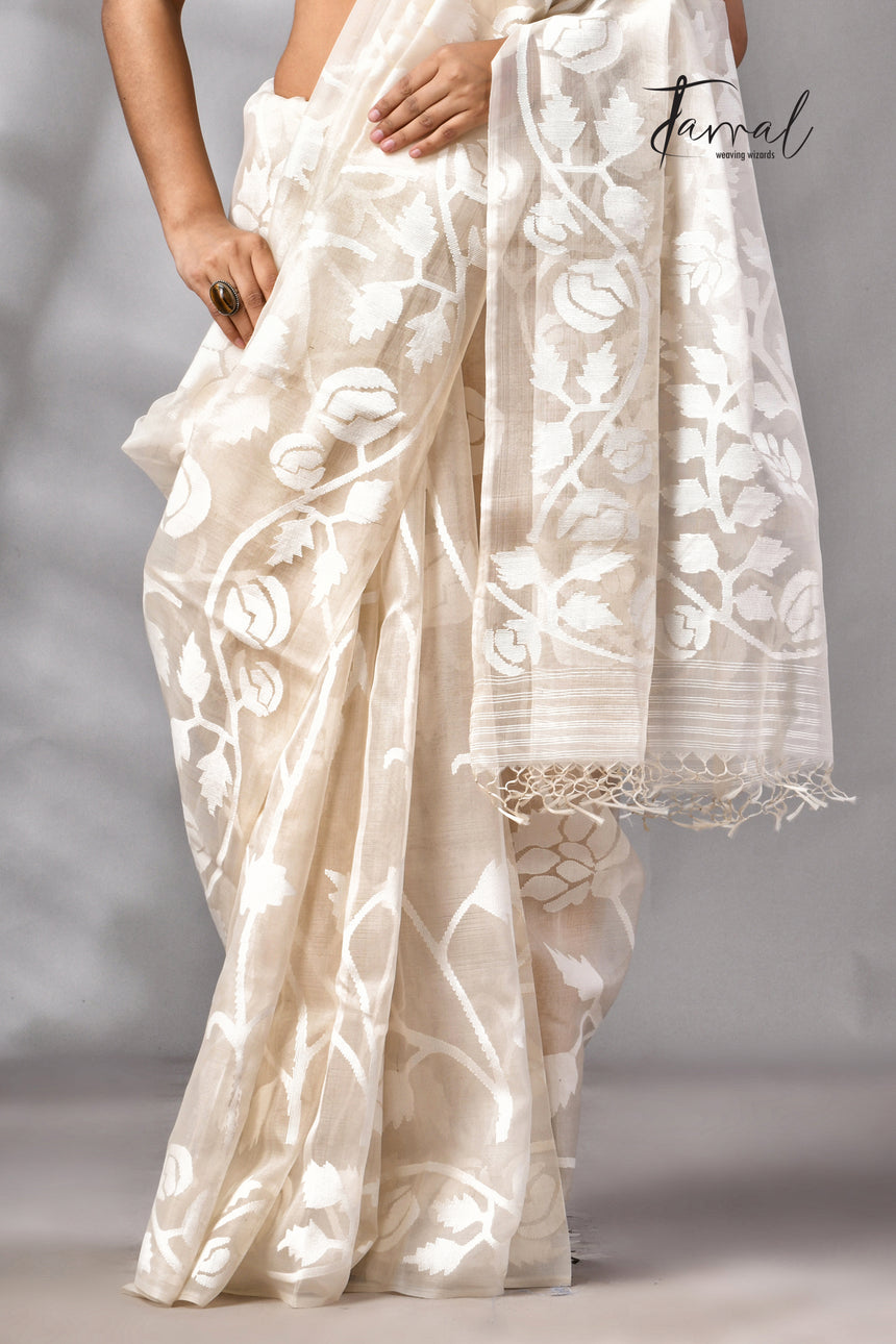 Offwhite Self Allover Rose Motifs Handwoven Muslin Silk Jamdani Saree