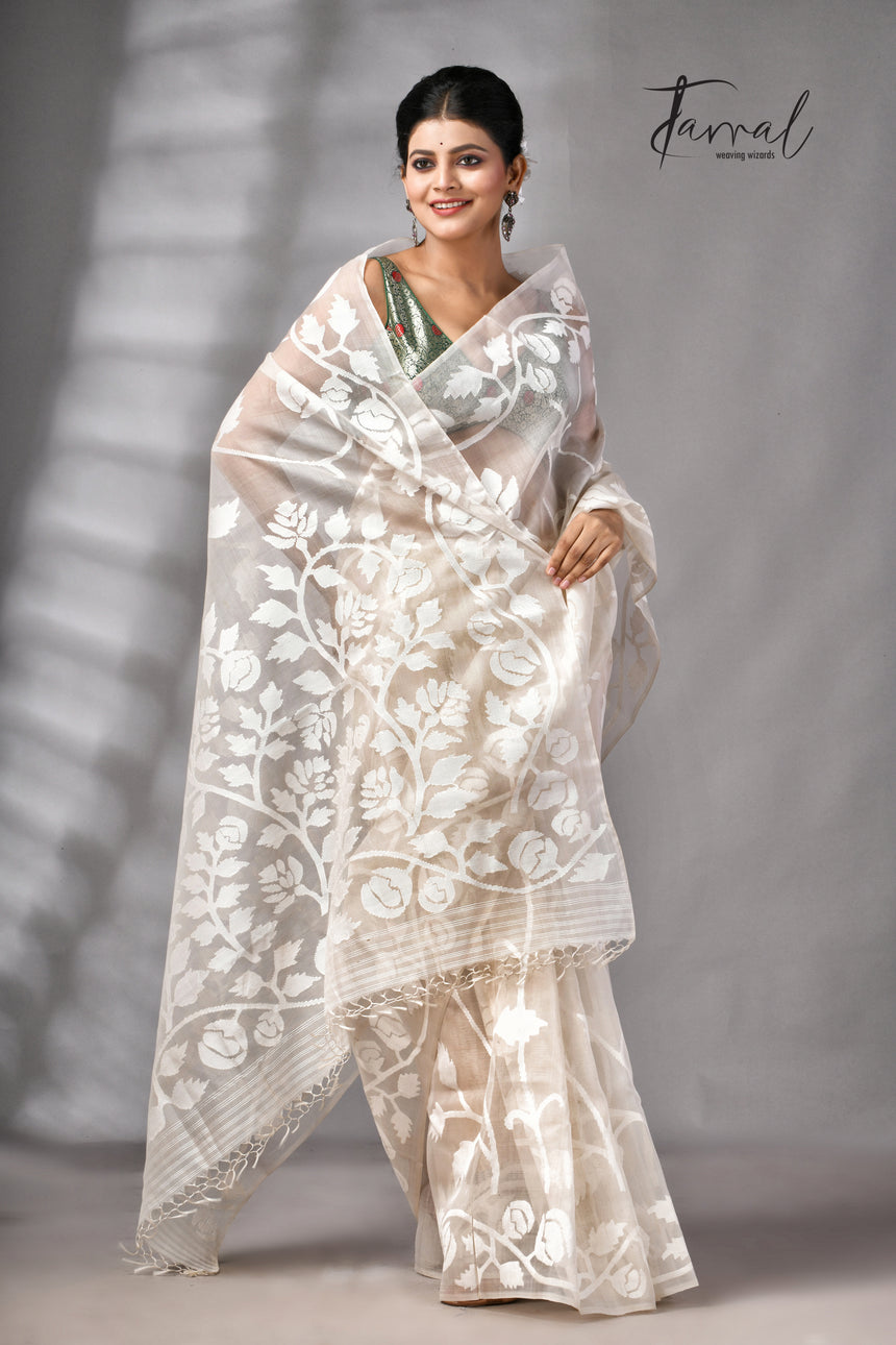 Offwhite Self Allover Rose Motifs Handwoven Muslin Silk Jamdani Saree