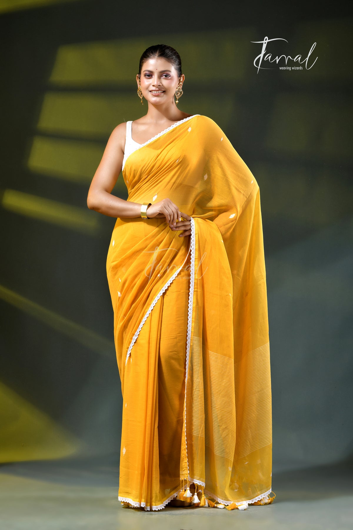 Mustard Yellow Handloom Jamdani Saree | Geometric Motifs | Minimal Border | Tamal Boutique