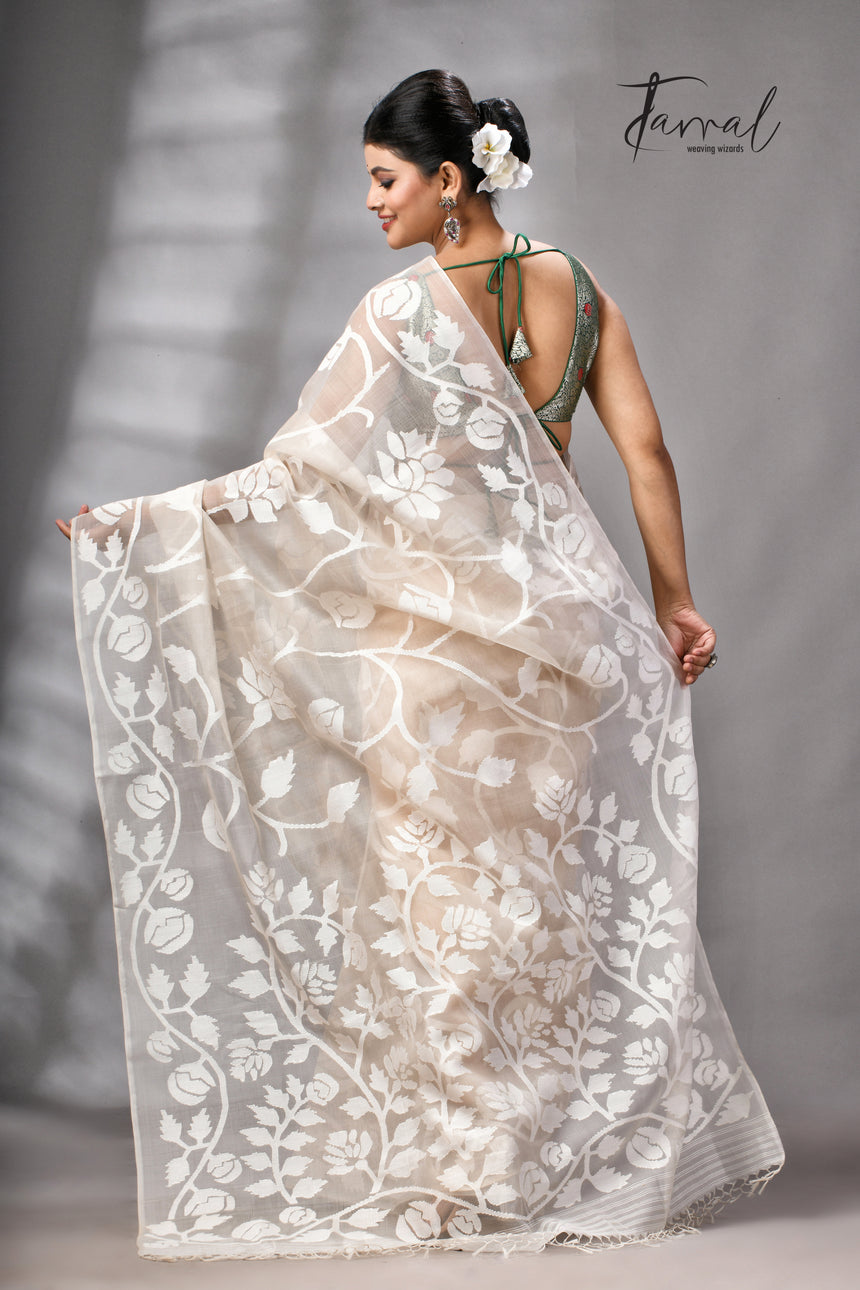 Offwhite Self Allover Rose Motifs Handwoven Muslin Silk Jamdani Saree