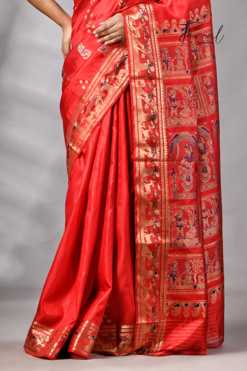 Red bishnupuri Katan swarnachari silk handloom saree