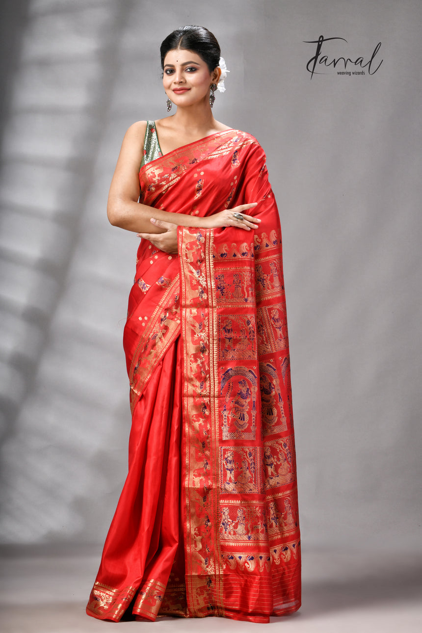 Red bishnupuri Katan swarnachari silk handloom saree