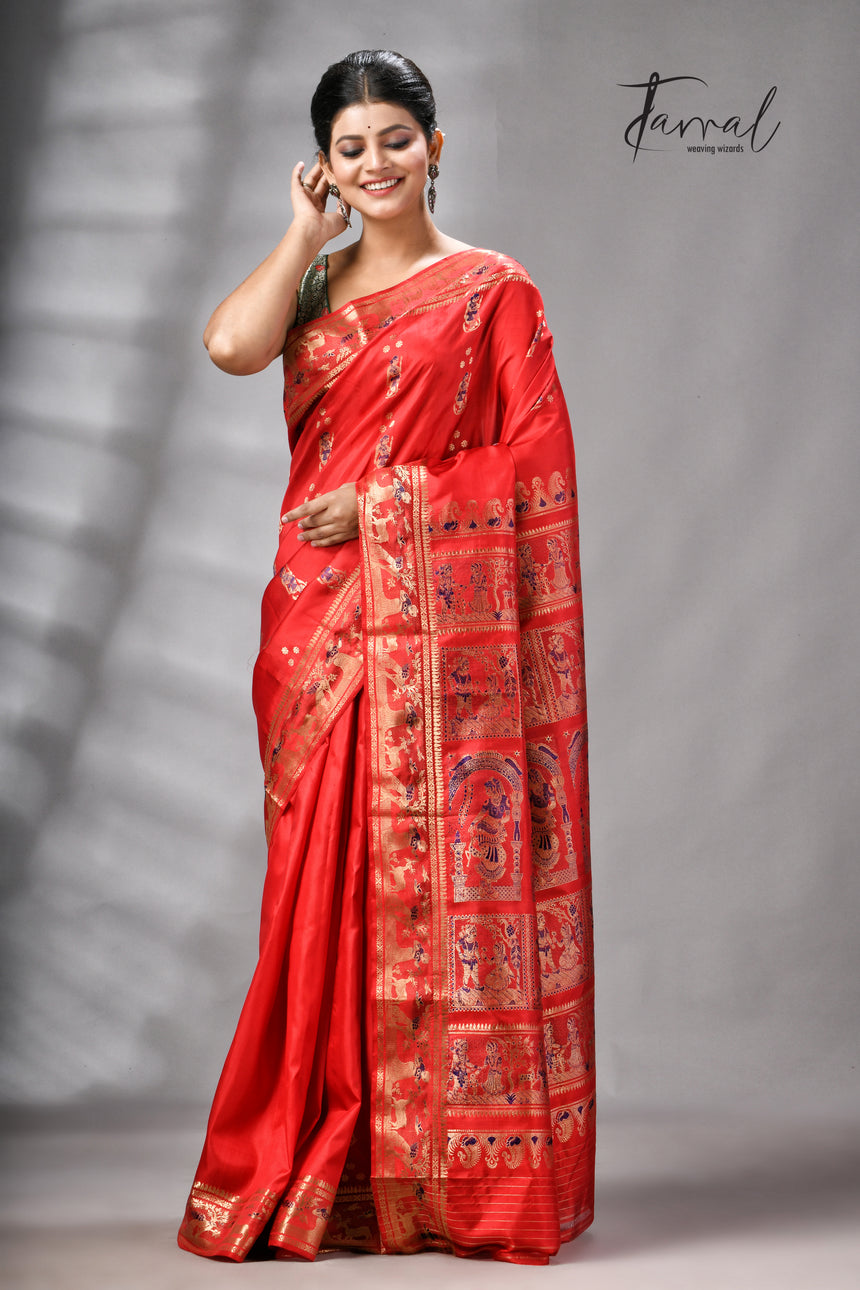 Red bishnupuri Katan swarnachari silk handloom saree