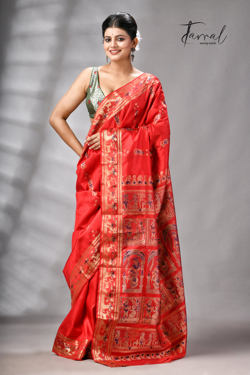 Red bishnupuri Katan swarnachari silk handloom saree