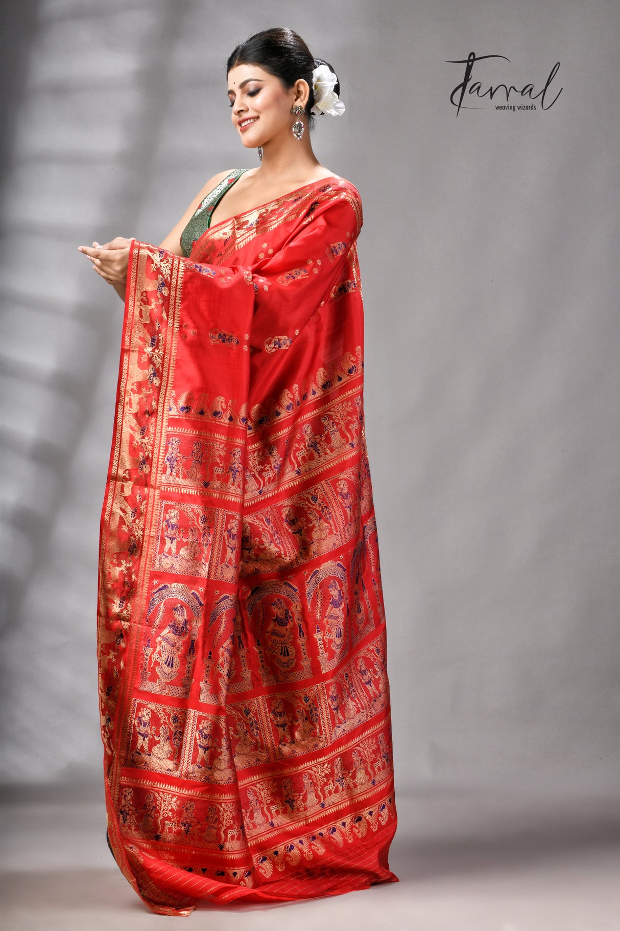 Red bishnupuri Katan swarnachari silk handloom saree