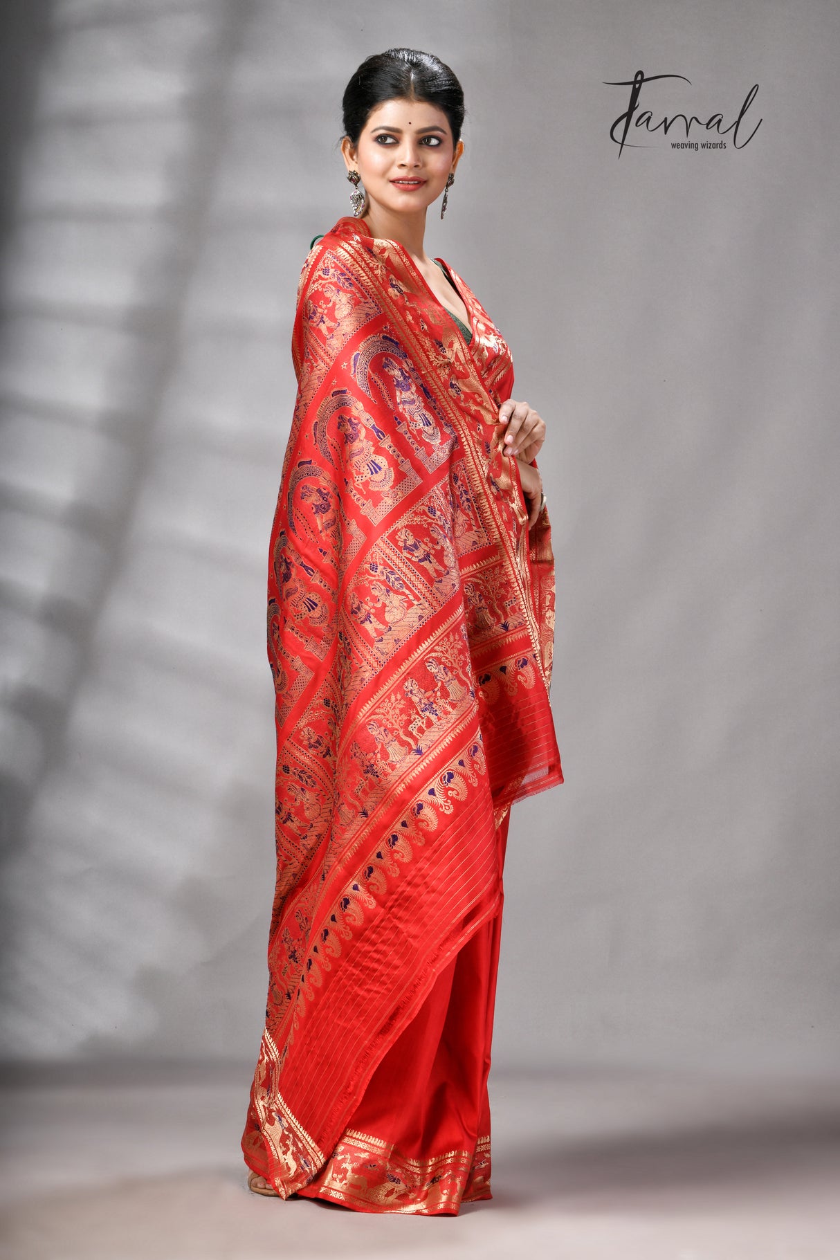 Red bishnupuri Katan swarnachari silk handloom saree