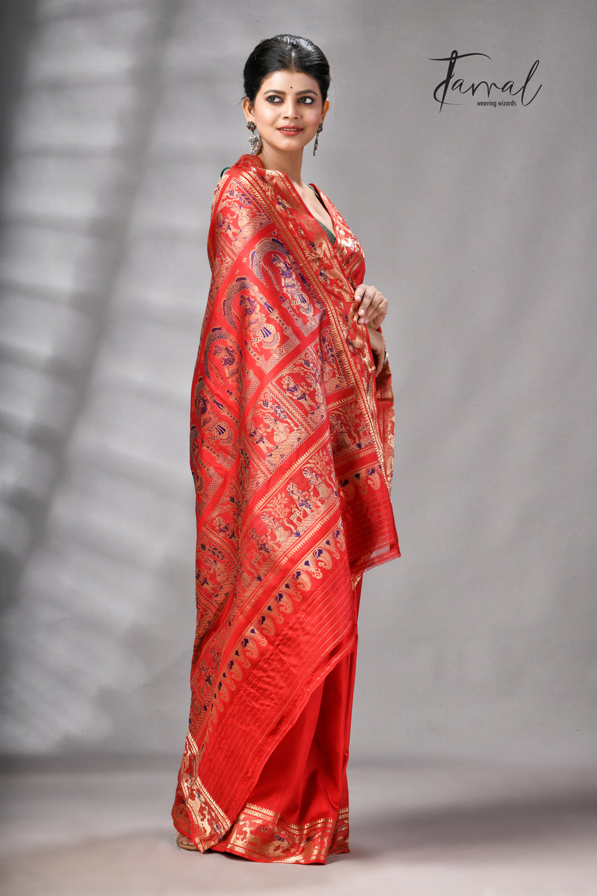 Red bishnupuri Katan swarnachari silk handloom saree