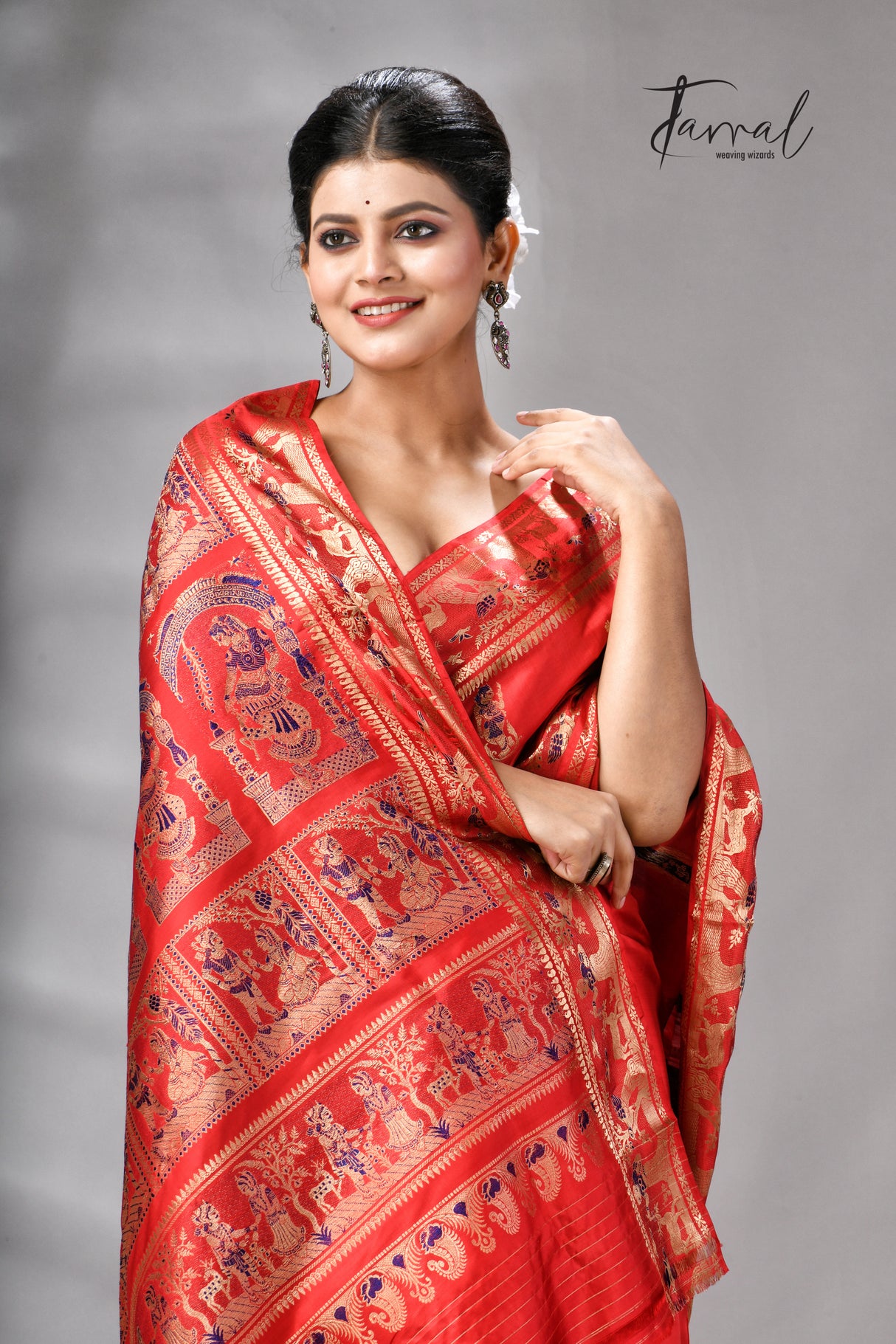 Red bishnupuri Katan swarnachari silk handloom saree