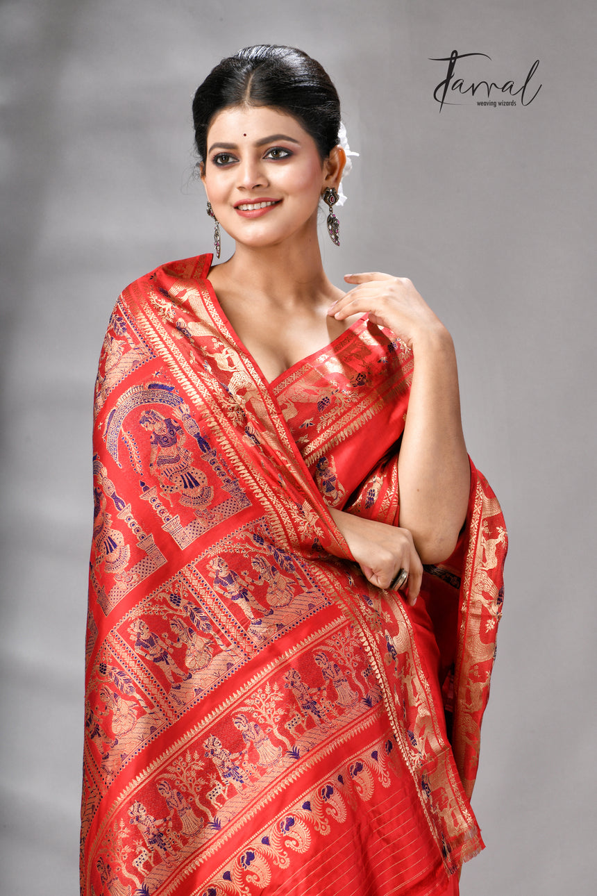 Red bishnupuri Katan swarnachari silk handloom saree