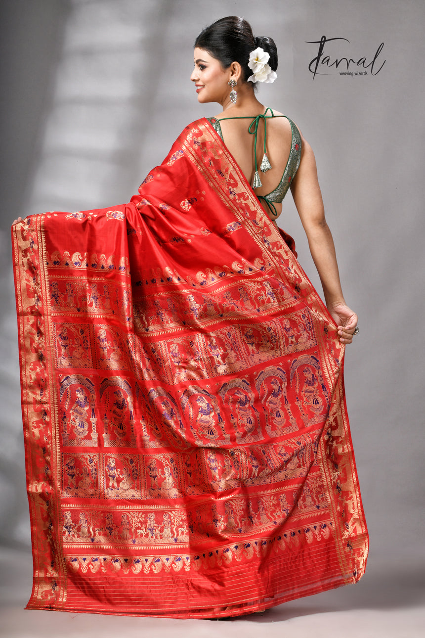 Red bishnupuri Katan swarnachari silk handloom saree