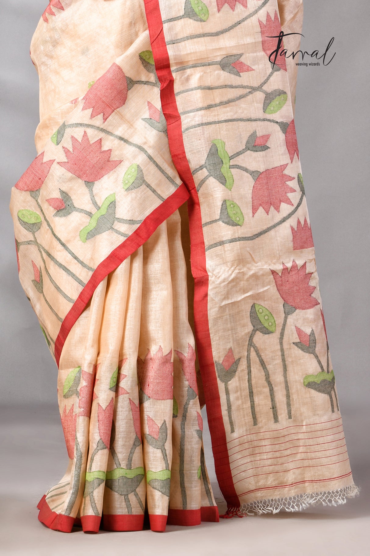 Muga With Red Border Tussar Silk Lotus Design Handwoven Jamdani Saree
