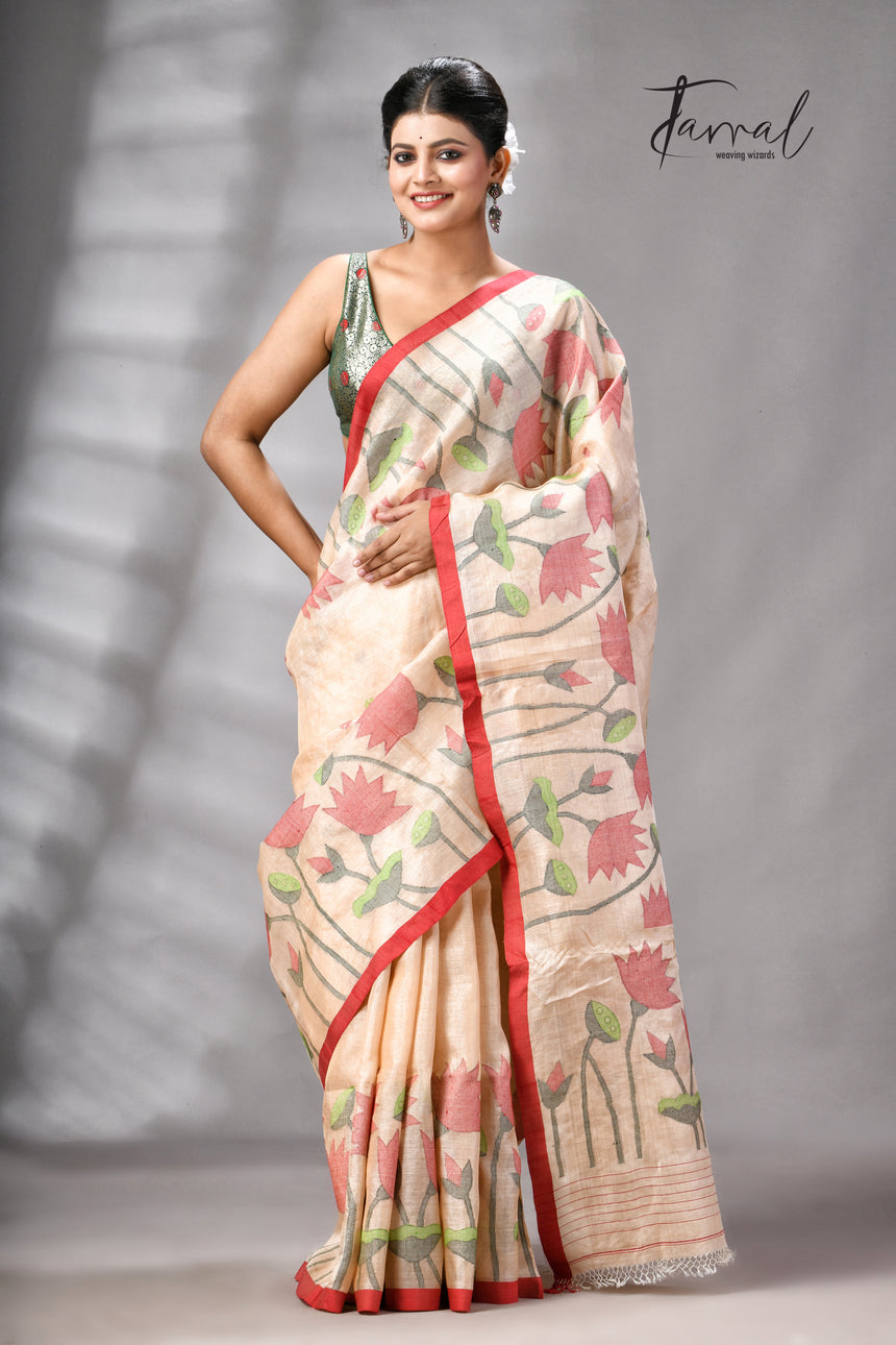 Muga With Red Border Tussar Silk Lotus Design Handwoven Jamdani Saree