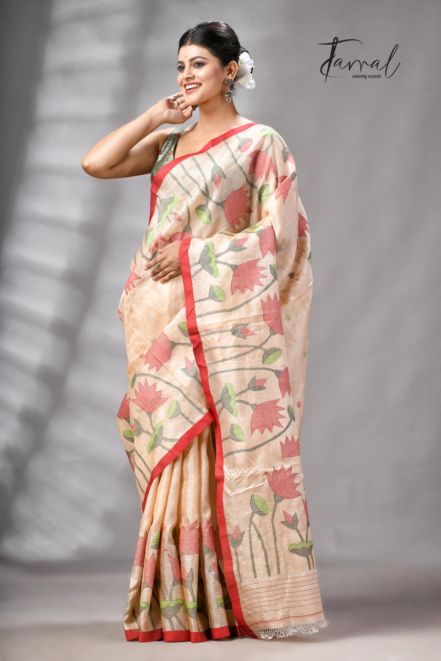 Muga With Red Border Tussar Silk Lotus Design Handwoven Jamdani Saree