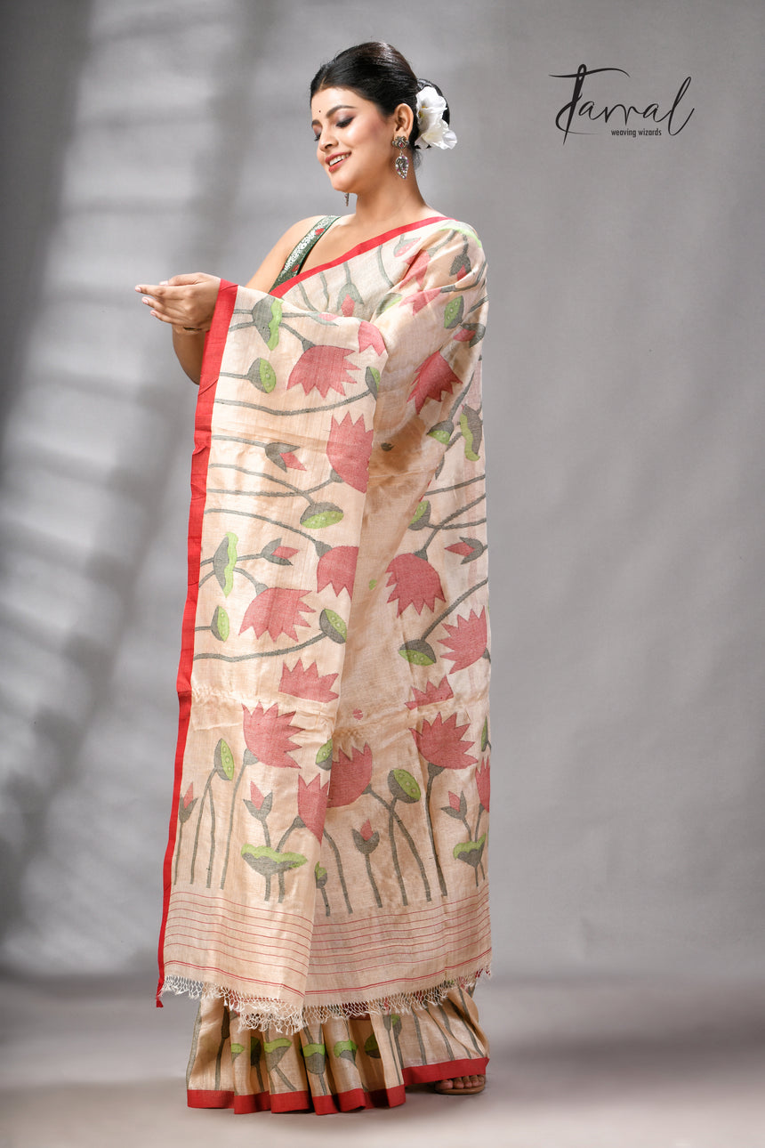 Muga With Red Border Tussar Silk Lotus Design Handwoven Jamdani Saree