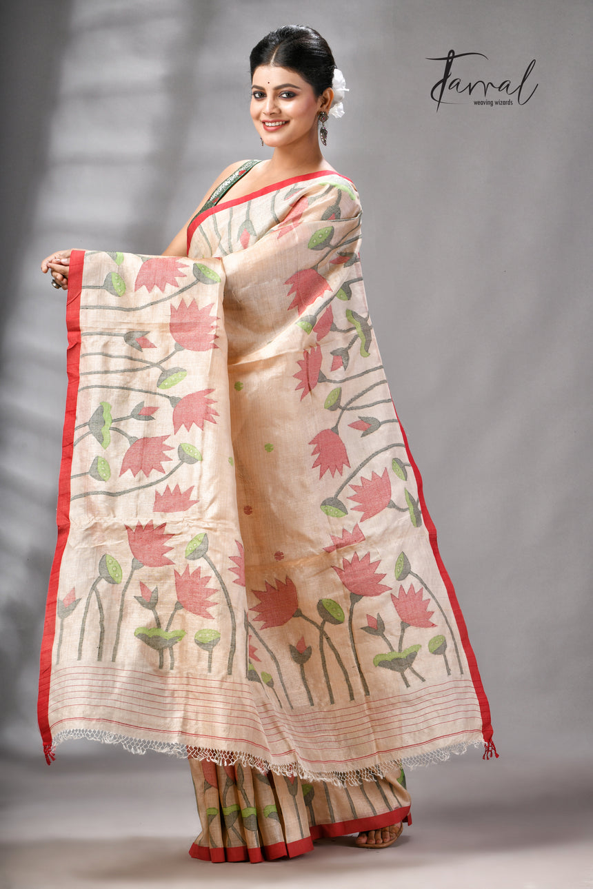 Muga With Red Border Tussar Silk Lotus Design Handwoven Jamdani Saree
