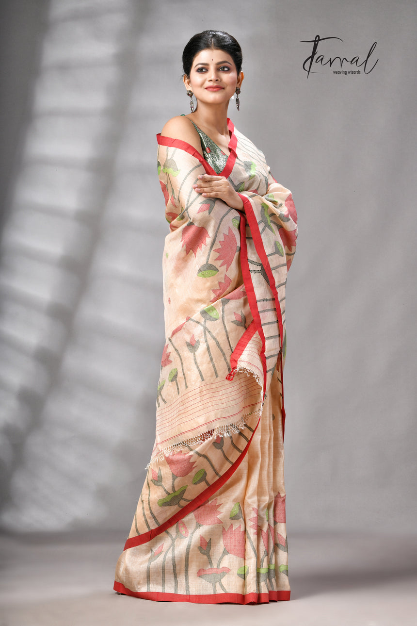 Muga With Red Border Tussar Silk Lotus Design Handwoven Jamdani Saree