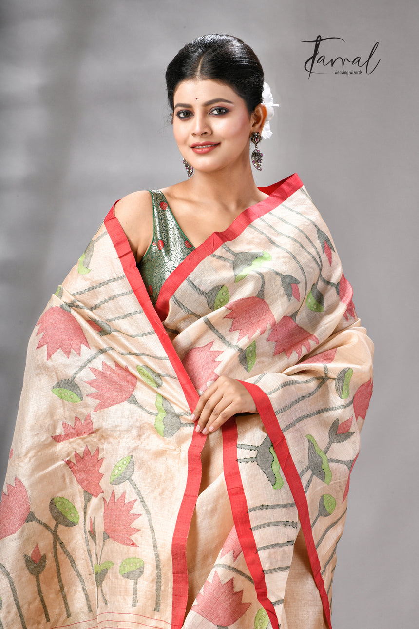 Muga With Red Border Tussar Silk Lotus Design Handwoven Jamdani Saree