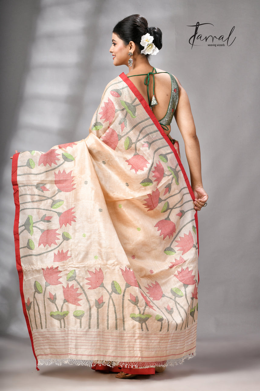 Muga With Red Border Tussar Silk Lotus Design Handwoven Jamdani Saree