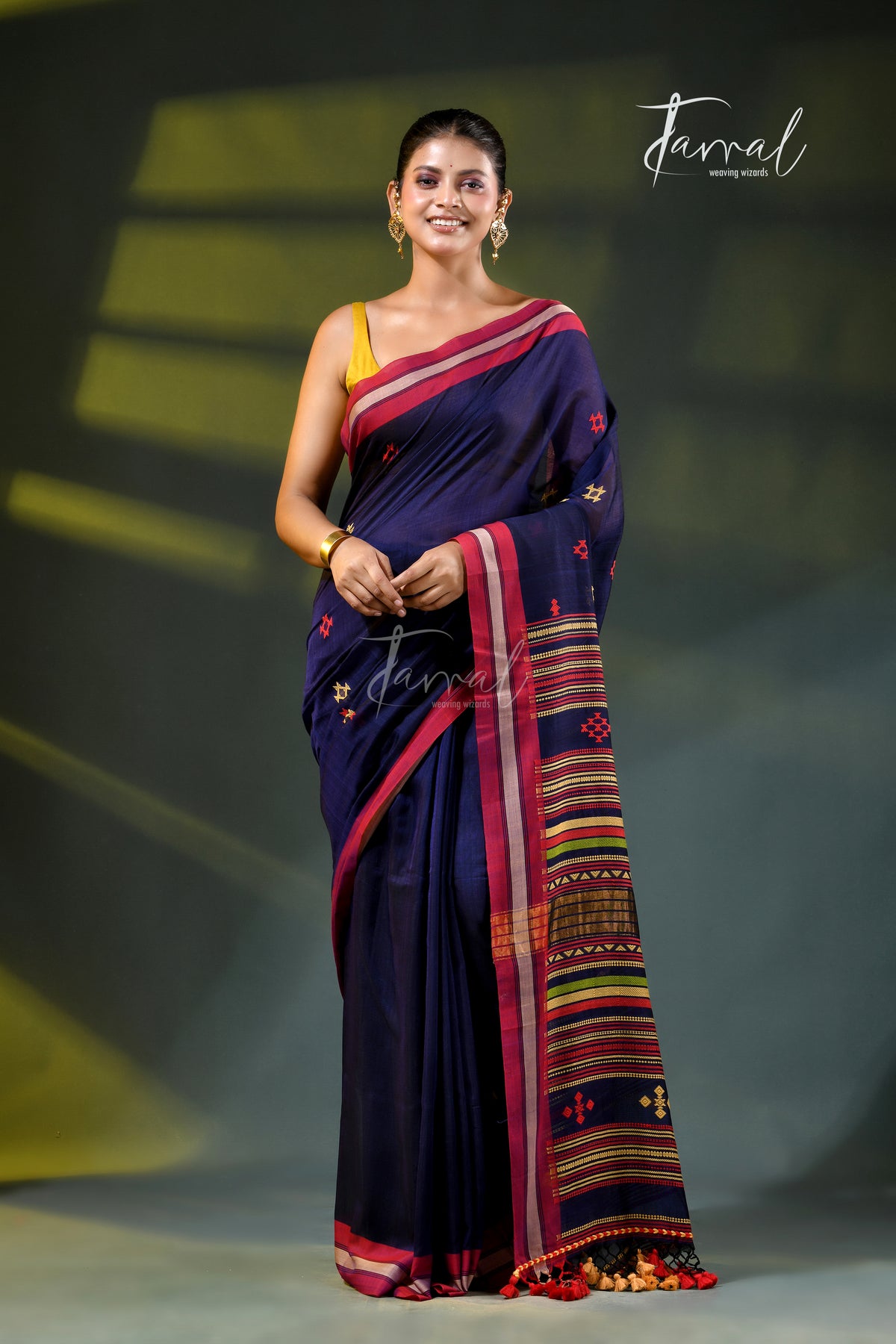 Navy blue with maroon border pure cotton handloom bhujodi saree