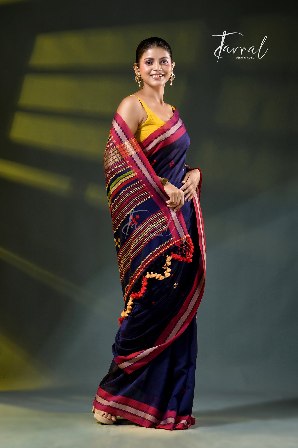 Navy blue with maroon border pure cotton handloom bhujodi saree