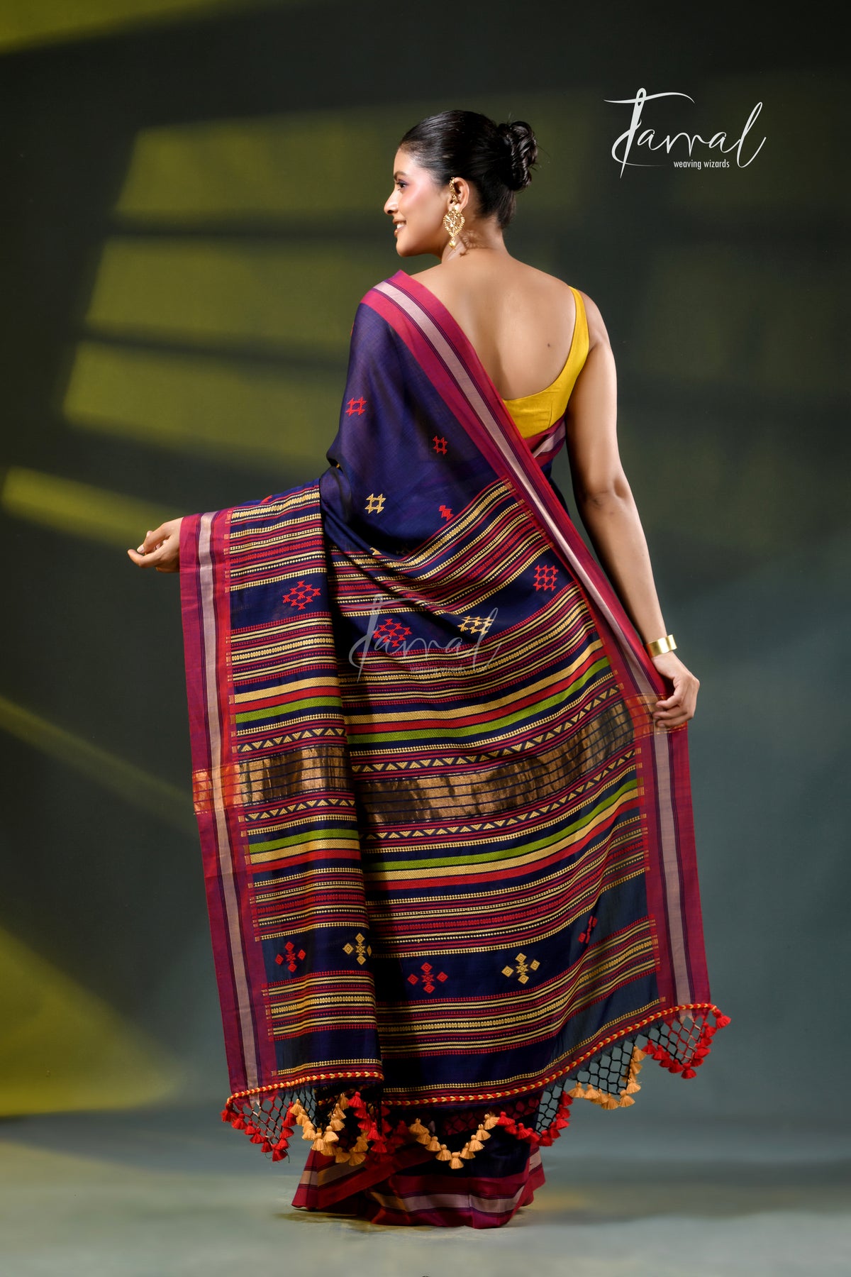 Navy blue with maroon border pure cotton handloom bhujodi saree