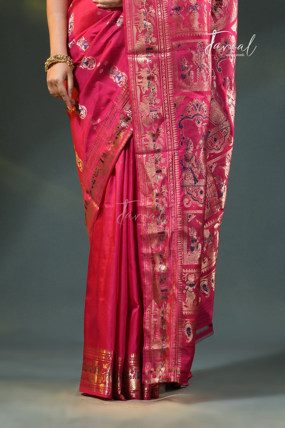 Deep Rani colour with gold zari bishnupuri swarnachari silk handloom saree