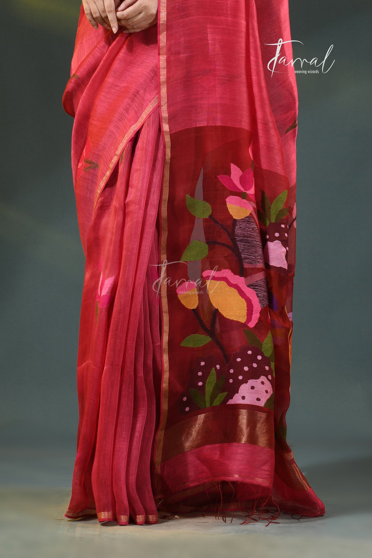 Red with golden zari silk linen handwoven jamdani saree