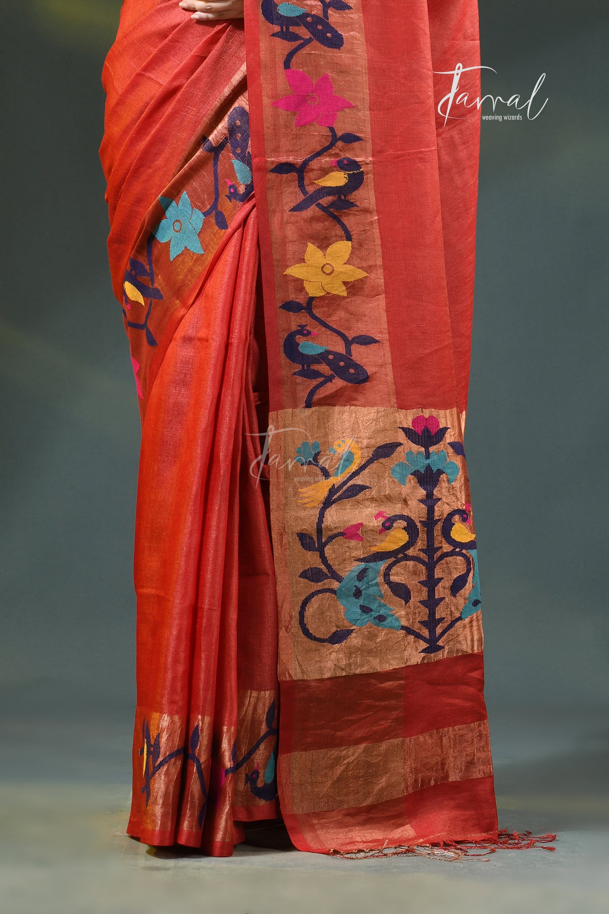 Deep Orange with golden zari pure tussar silk paithani handloom saree