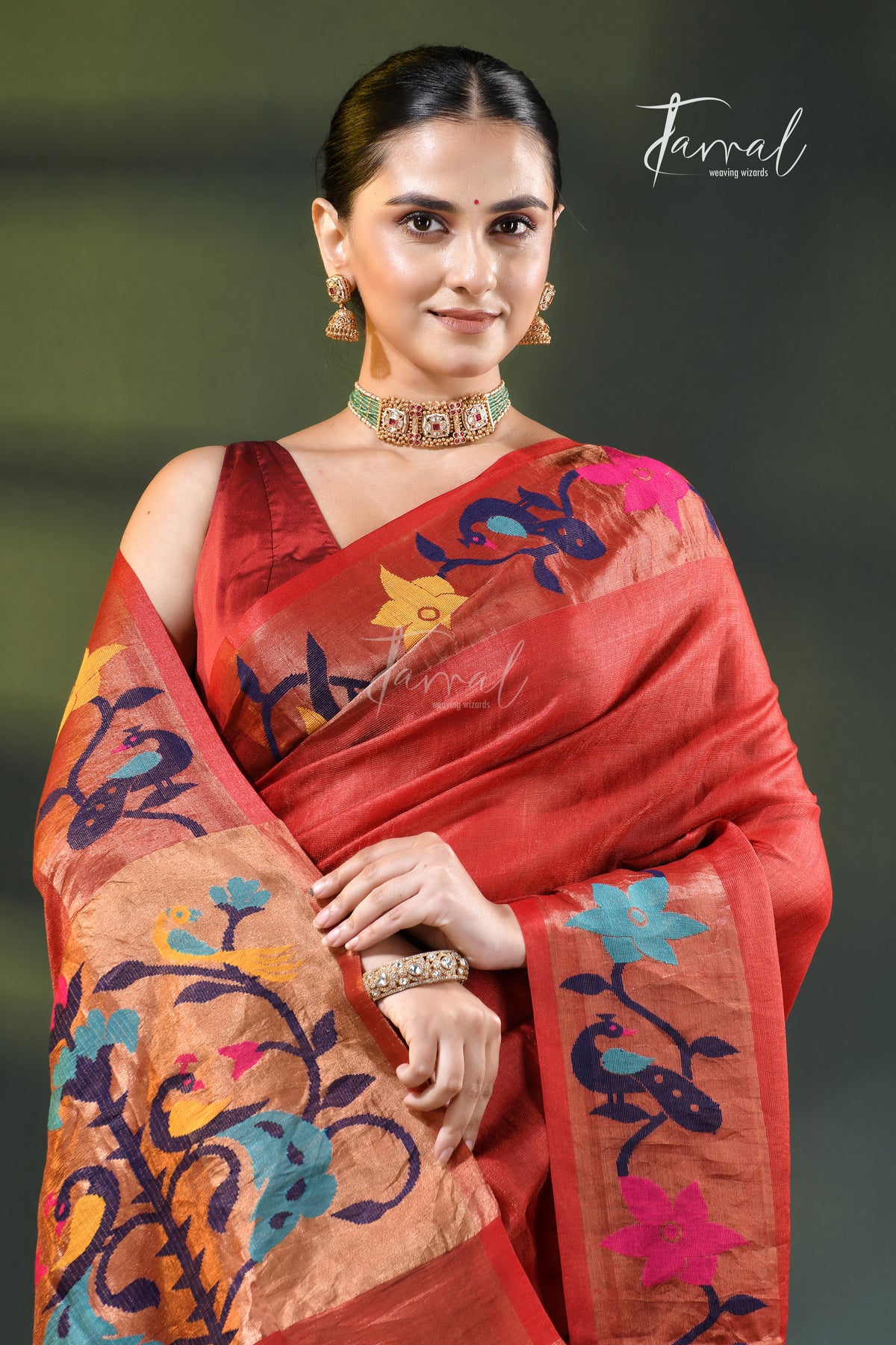 Deep Orange with golden zari pure tussar silk paithani handloom saree