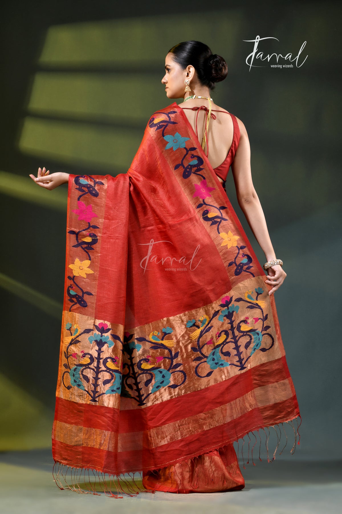 Deep Orange with golden zari pure tussar silk paithani handloom saree
