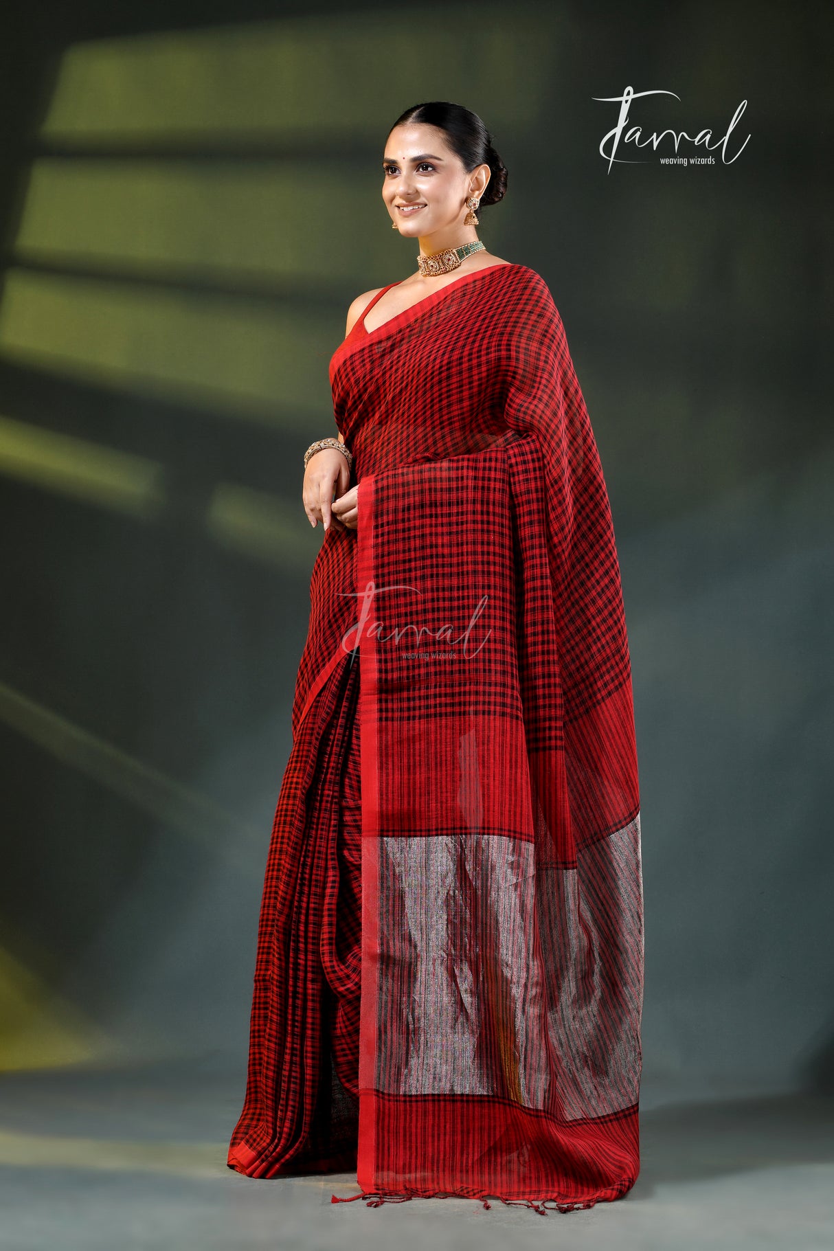 Red with black checks pure linen handloom saree