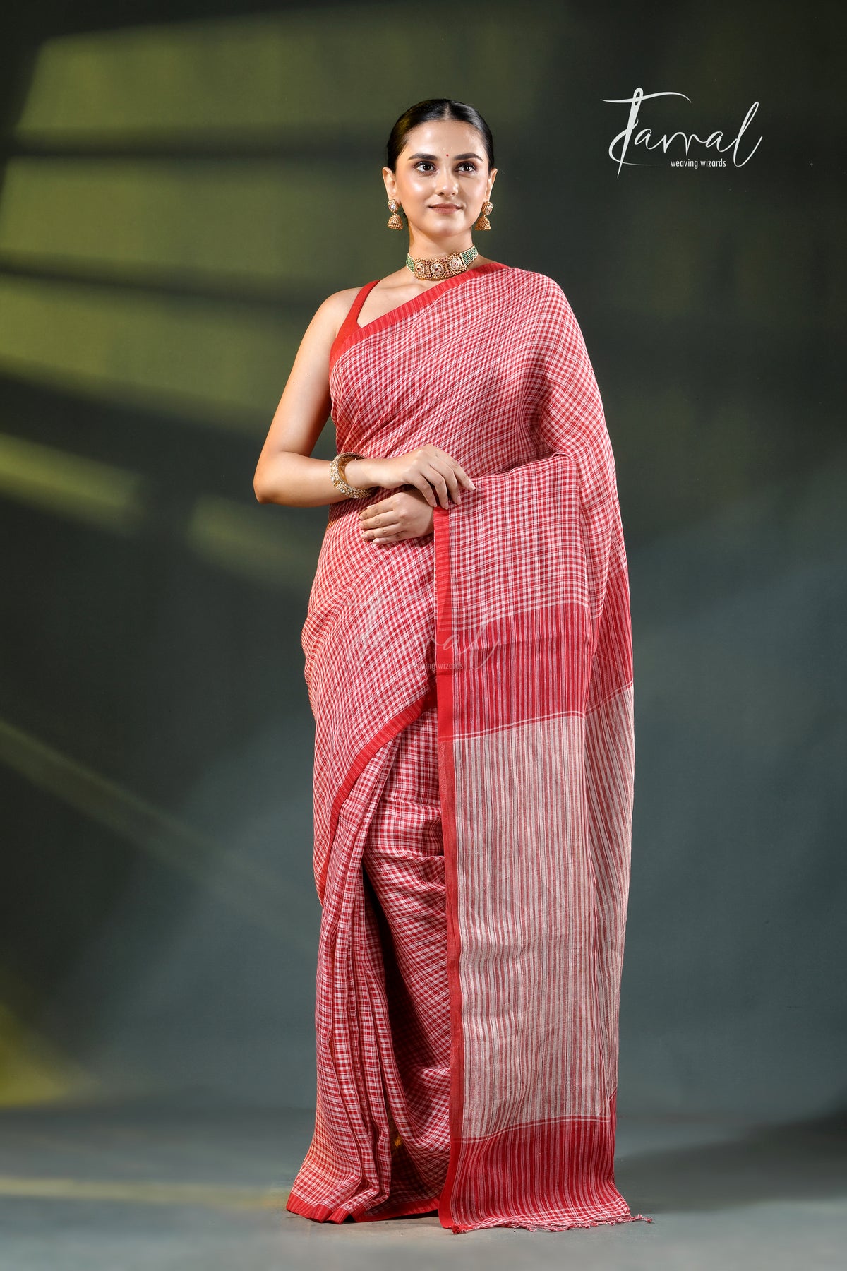 Red & White Striped Pure Linen Handloom Saree | Artisanal Stripe Weave | Tamal Boutique