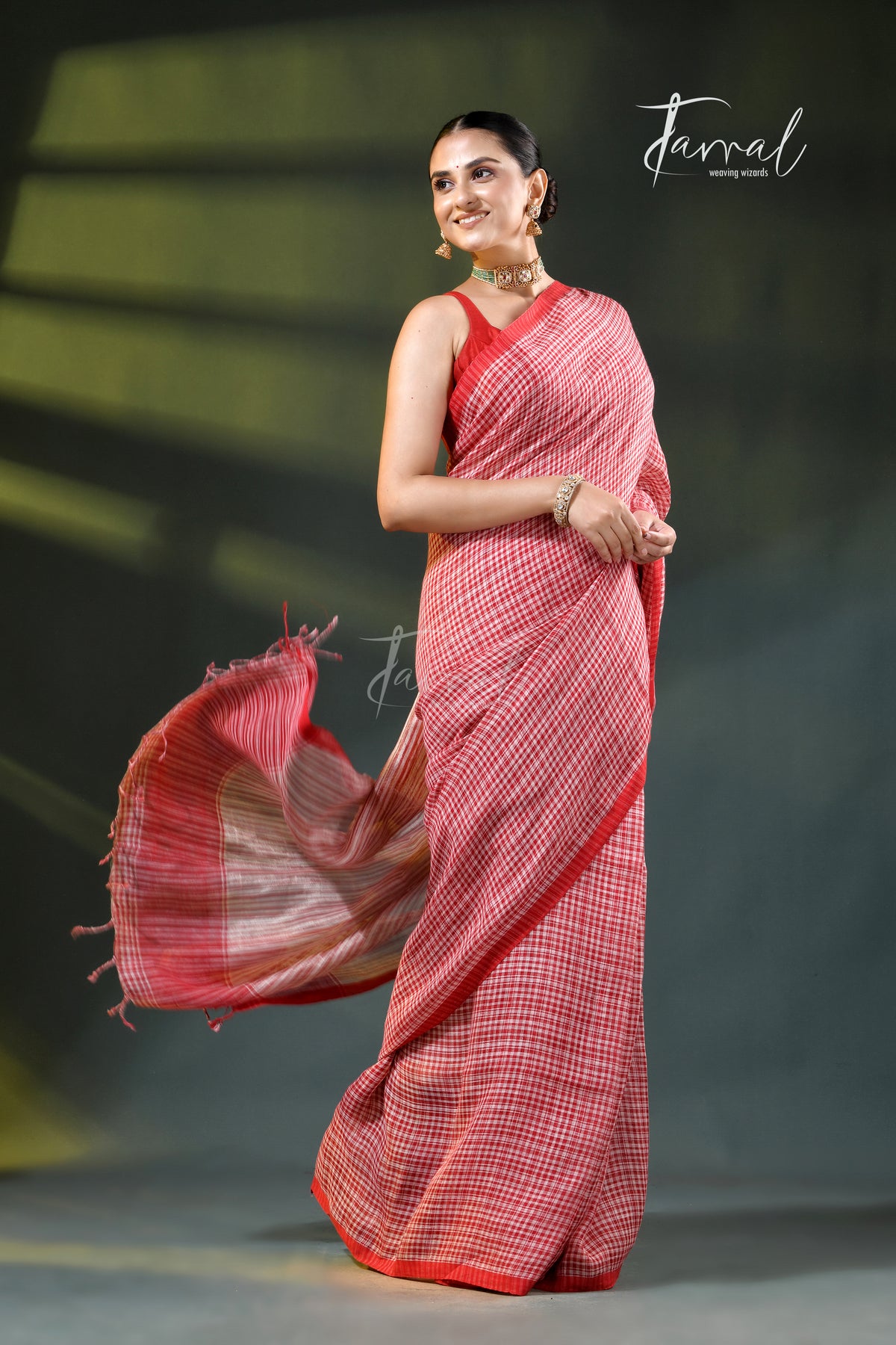 Red & White Striped Pure Linen Handloom Saree | Artisanal Stripe Weave | Tamal Boutique