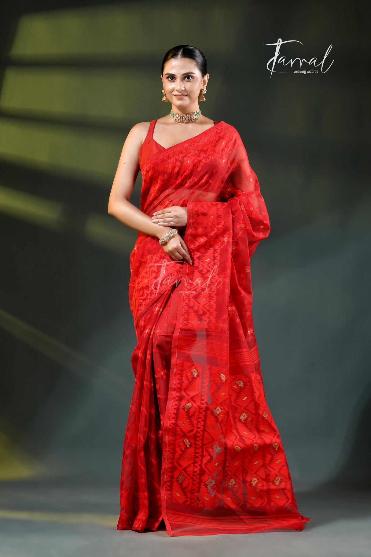 Red self chikankari mulmul cotton saree
