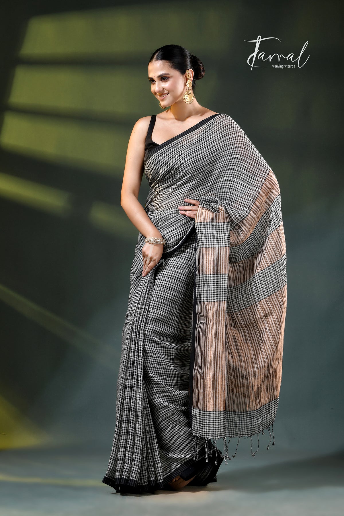 Black Pure Linen Handwoven Saree with Golden Zari Pallu