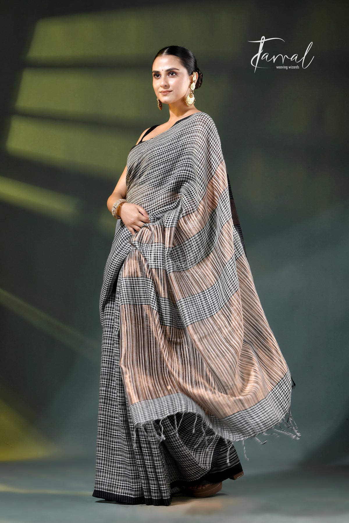 Black Pure Linen Handwoven Saree with Golden Zari Pallu