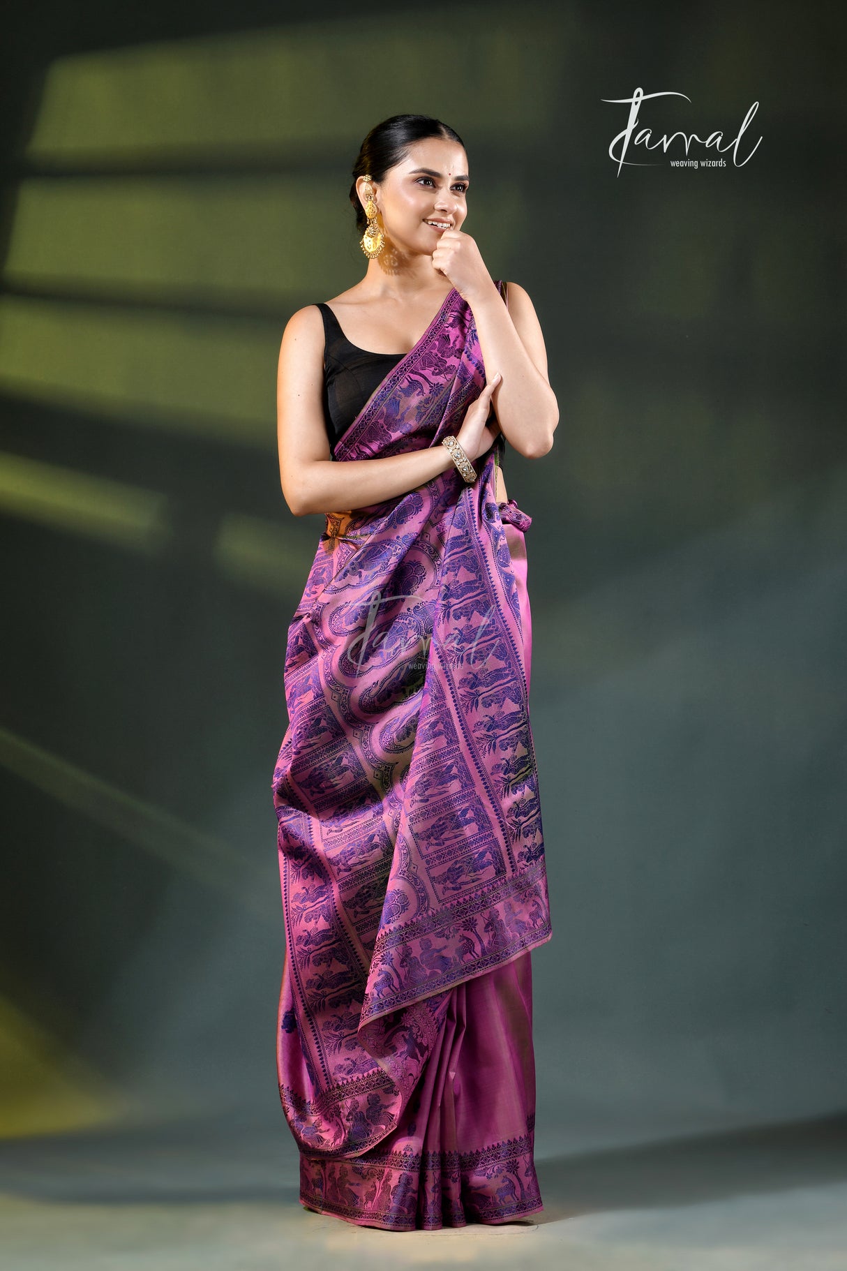 Orchid Pink with Royal Blue weave Bishnupuri Baluchari Silk Saree