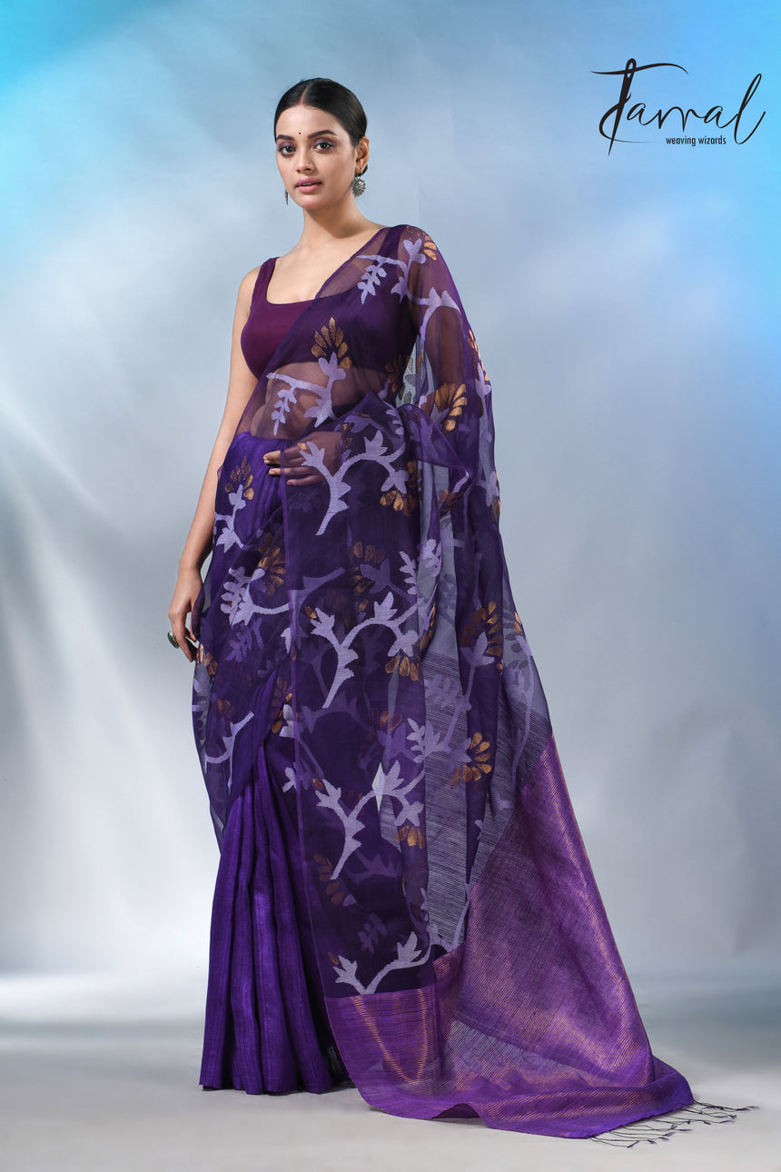 Dark Purple half & half matka muslin handwoven work jamdani saree