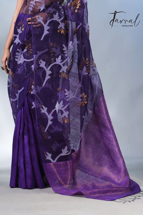Dark Purple half & half matka muslin handwoven work jamdani saree